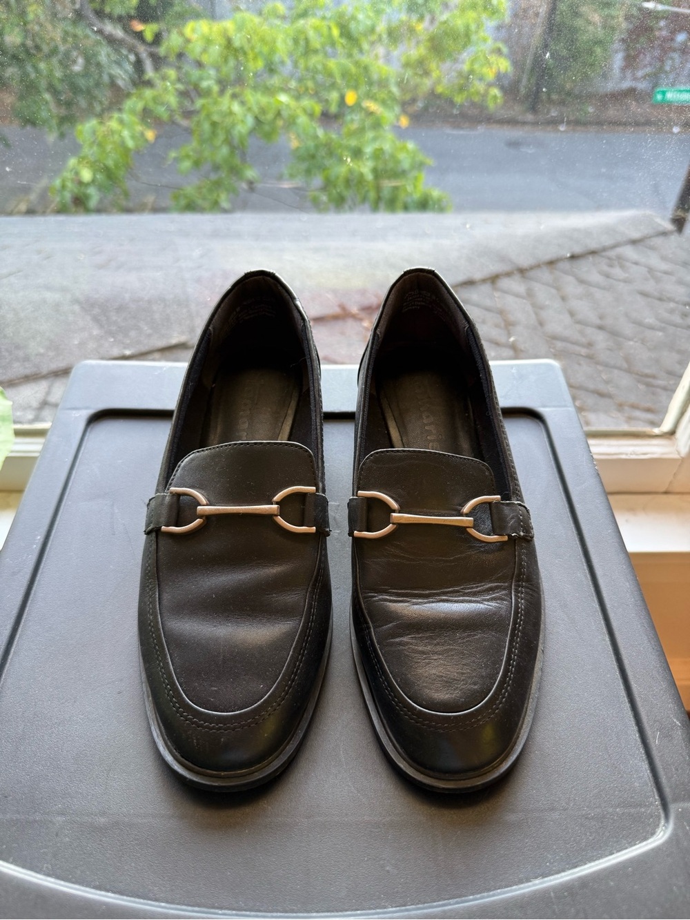 Tamaris Slip-on Black Leather Loafers with Gold Horsebit Accent